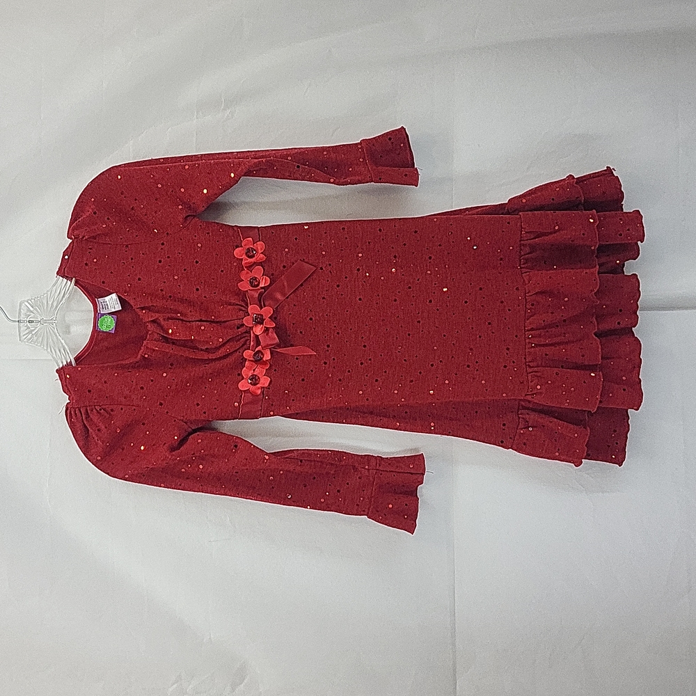 DOLLIE & ME Red Christmas Holiday Sweater Dress with Flowers and Sequin Detail
